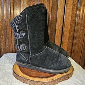 BearPaw Black Suede Boots with Knit Buckle Accents